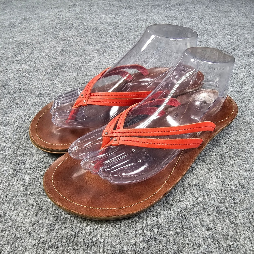 OluKai Ho'opio Leather Thong Sandals Womens 10 Red Coral Brown Beach Flip Flops